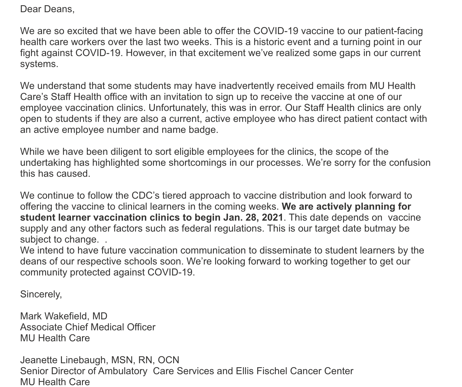 Email Cancelling Student Vaccinations